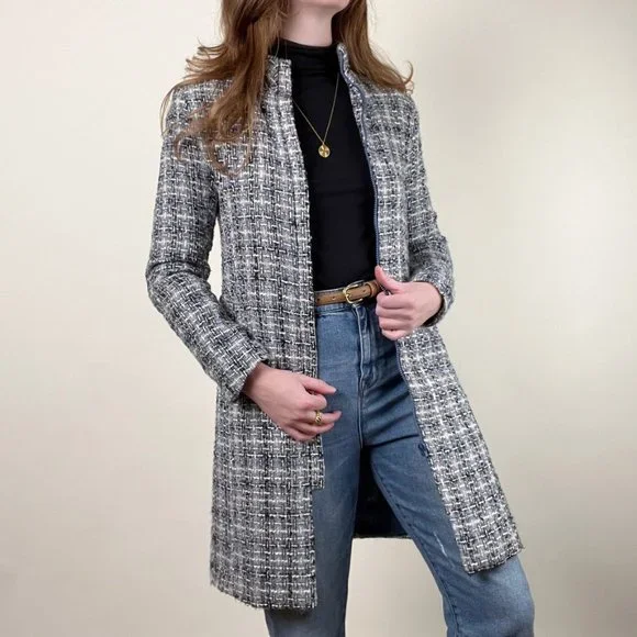 Vintage Silk Tweed Long Trench Jacket Peacoat Light Woven Preppy Light Academia - Picture 3 of 6